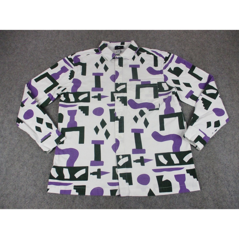 Lazy Oaf Shirt Mens Medium White Purple Geometric Button Up Canvas Long‎ Sleeve